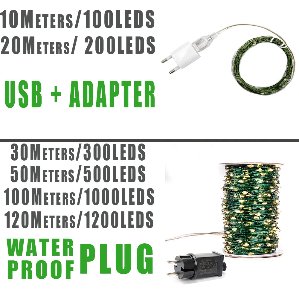 200M 100M 50M Green Wire Outdoor LED String lights Holiday Waterproof Fairy Garland For Christmas Tree Wedding Party Decoration