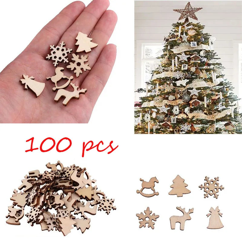 100pcs Christmas Decoration Wooden Snowflake Christmas Tree Deer Trojan Natural Wooden DIY Christmas Tree Hanging Ornaments F
