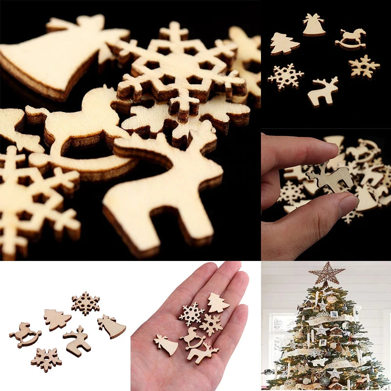 100pcs Christmas Decoration Wooden Snowflake Christmas Tree Deer Trojan Natural Wooden DIY Christmas Tree Hanging Ornaments F