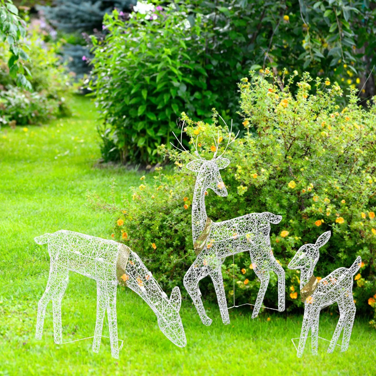 Set Of 3 White Glittered Doe Fawn Lighted Christmas Outdoor Decoration Outdoor Christmas Winter Family 2021 New Year Decoration