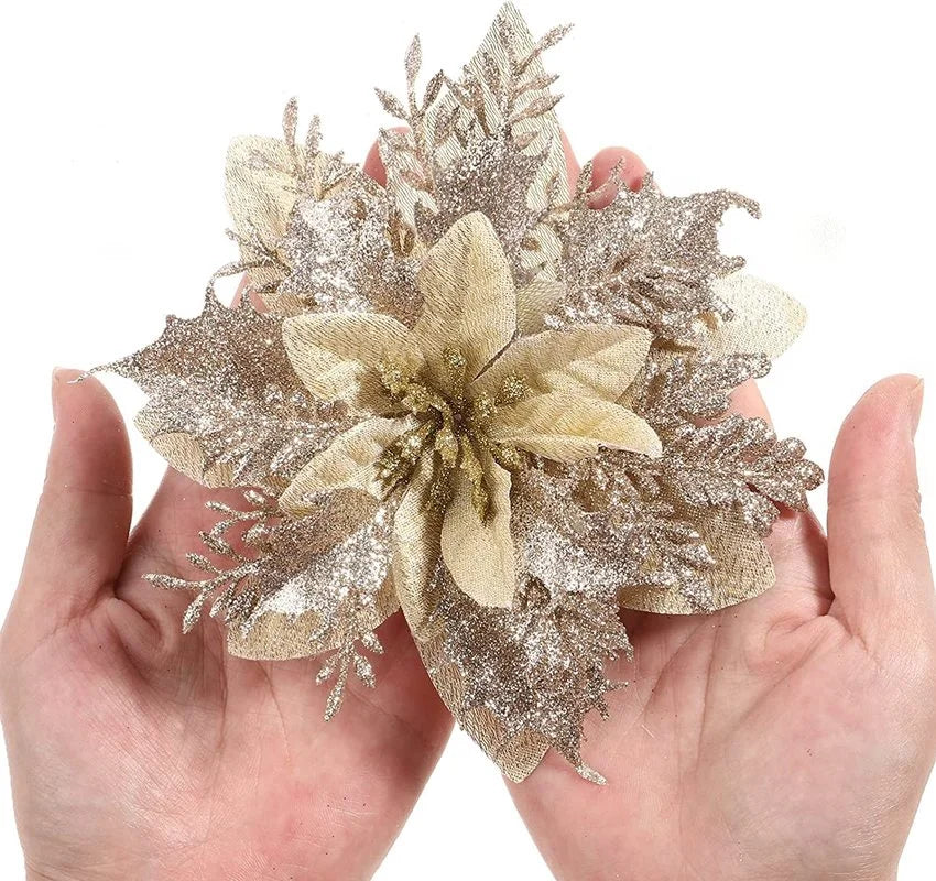 10pcs Artificial Christmas Flower Glitter Fake Flower Christmas Tree Decoration Christmas Pendant DIY Christmas Gift Decoration