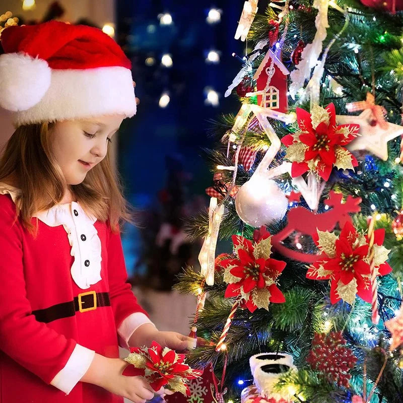 10pcs Artificial Christmas Flower Glitter Fake Flower Christmas Tree Decoration Christmas Pendant DIY Christmas Gift Decoration