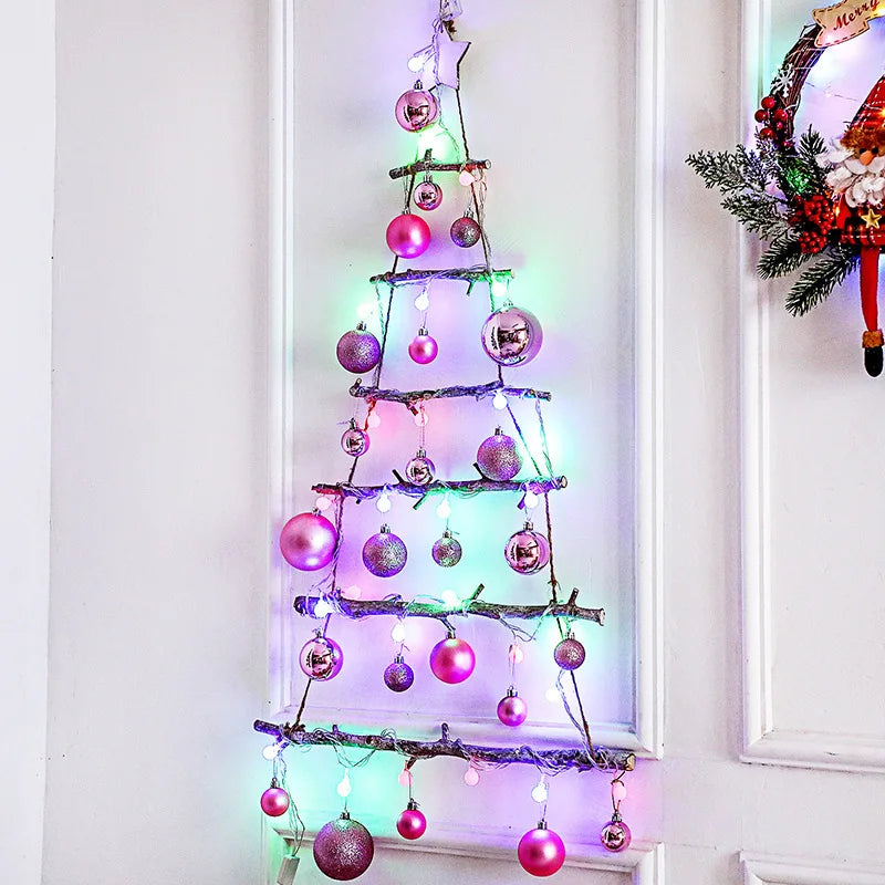 DIY Wooden Christmas Tree Artificial Fake Ornaments Wall Decoration Christmas ball/Christmas doll+wooden tree+Led light