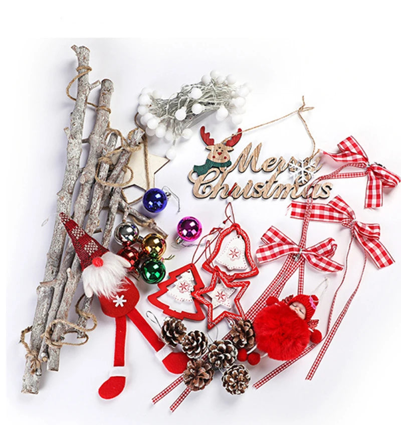 DIY Wooden Christmas Tree Artificial Fake Ornaments Wall Decoration Christmas ball/Christmas doll+wooden tree+Led light