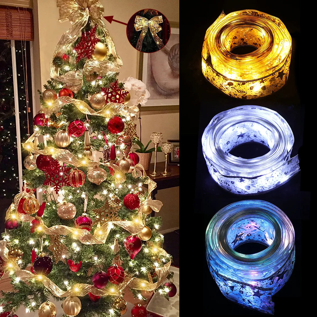 Ribbon Fairy Light Christmas Decoration Christmas Tree Ornaments For Home 2022 Bows String Lights Navidad Natal New Year 2023