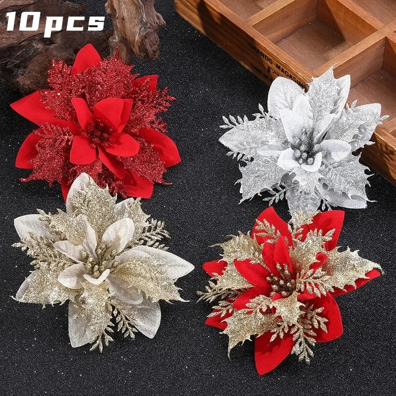 10pcs Artificial Christmas Flower Glitter Fake Flower Christmas Tree Decoration Christmas Pendant DIY Christmas Gift Decoration