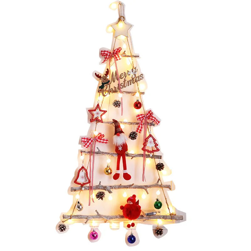 DIY Wooden Christmas Tree Artificial Fake Ornaments Wall Decoration Christmas ball/Christmas doll+wooden tree+Led light