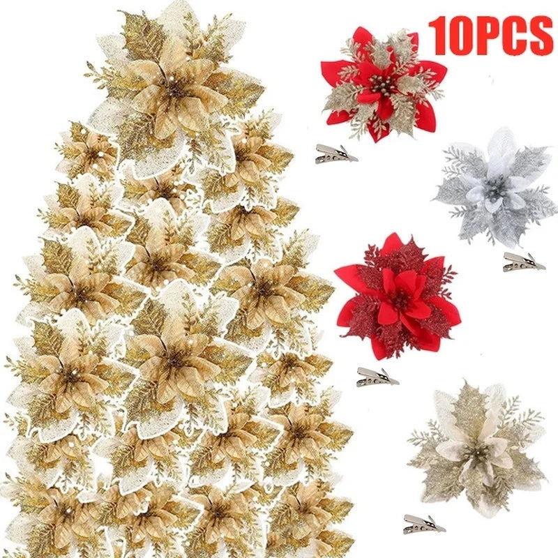 10pcs Artificial Christmas Flower Glitter Fake Flower Christmas Tree Decoration Christmas Pendant DIY Christmas Gift Decoration
