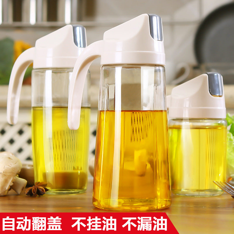 Glass oil pot home oil bottle kitchen supplies automatic opening with cover seasoning bottle oil vinegar bottle oil pot