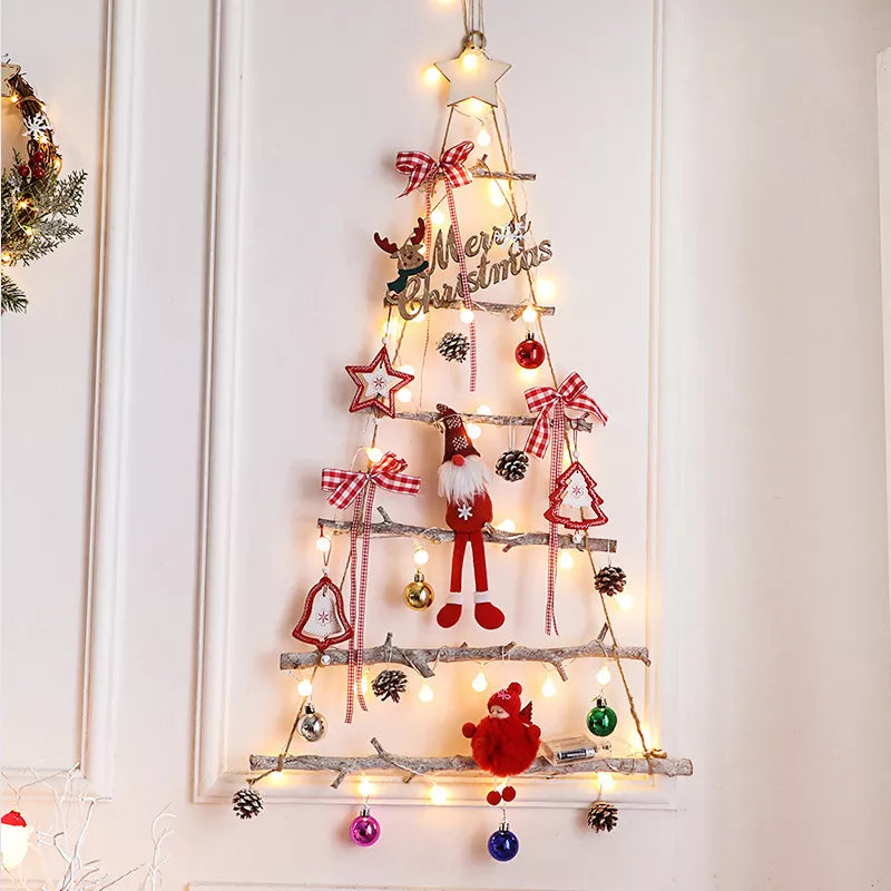 DIY Wooden Christmas Tree Artificial Fake Ornaments Wall Decoration Christmas ball/Christmas doll+wooden tree+Led light