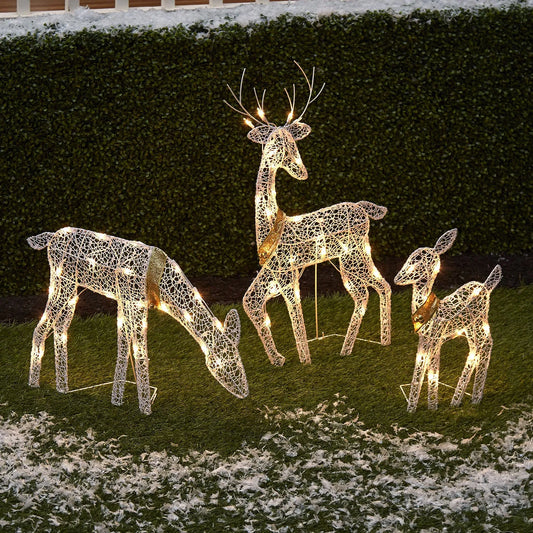 Set Of 3 White Glittered Doe Fawn Lighted Christmas Outdoor Decoration Outdoor Christmas Winter Family 2021 New Year Decoration